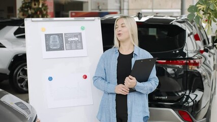 Female sales consultant in a car showroom assisting customers with test drives and purchases in slow motion