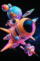 Colorful Space Rocket and Planets Floating in Dark Outer Space with Starfield Background