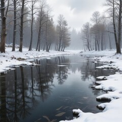 Snowy forest with bare trees and frozen lakes, winter wonderland, bare trees, icy
