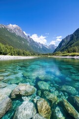 Crystal Clear River with Rocky Bed and Majestic Mountains in View