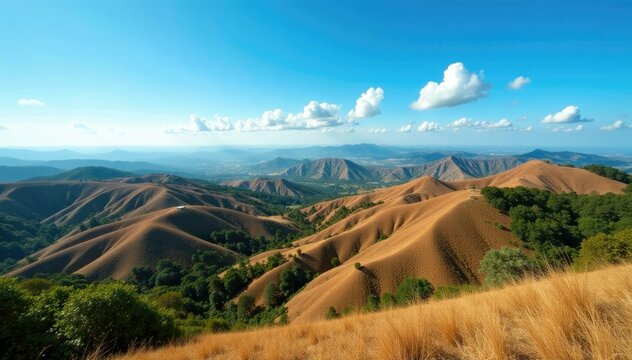 Rolling hills of chocolate brown landscape under clear blue sky, chocolate hills, green, bohol