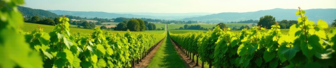 Fototapeta premium Rows of lush green grapevines stretching into the horizon, rolling hills, vineyard landscape