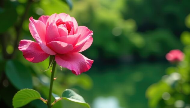 Rosa floreciente en un jard?n con un estanque verde, verde, primavera, paisaje