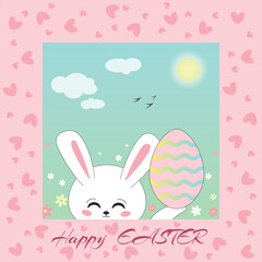 Happy Easter card with a cute  rabbit and an egg against the backdrop of a blooming sunny meadow