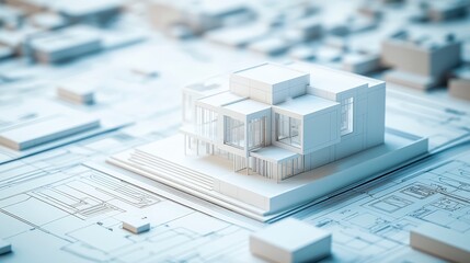 Modern Architectural Blueprint with 3D Model of Building Design