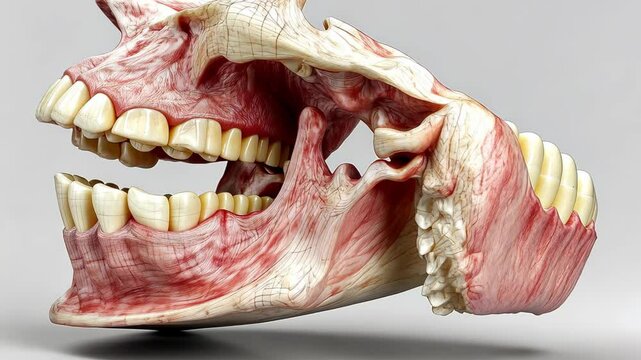 Maxillary and mandible anatomical view showcasing detailed dental and skeletal structures, 3D view of maxillary and mandible