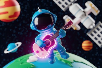 Naklejka premium A cute astronaut plays a glowing guitar in space, surrounded by planets and a space station.