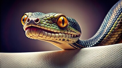 Fototapeta premium Minimalist Snake Character Design: Coiled Serpent with Banner, Expressive Eyes