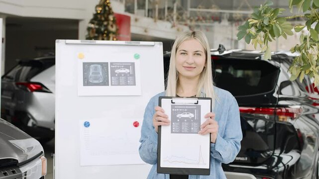 Woman presents car models in slow motion at a vibrant showroom while facilitating test drives and sales