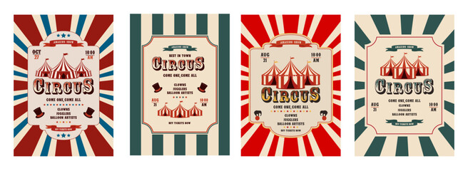 Vector set of retro circus invitation poster templates featuring a tent. Vector illustration.