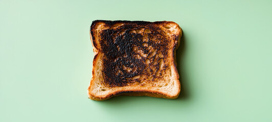 Harshly charred toast on a light green background, top view