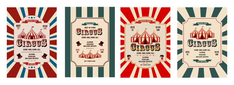 Vector set of retro circus invitation poster templates featuring a tent. Vector illustration.
