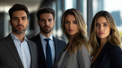 Fototapeta premium A group of four investment bankers, two men and two women, dressed in formal business attire, standing in a sleek corporate office with floor-to-ceiling windows and a blurred city skyline in the backg