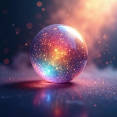 Shiny orb suspended in misty air with swirling colors, shimmering grain texture, color, shiny, grain