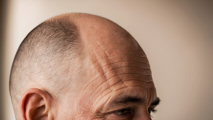 Fototapeta premium Close-up view of a man showcasing a unique haircut and visible forehead lines in a well-lit indoor setting