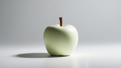 Green apple on a white surface with soft shadows highlighting its shape and texture
