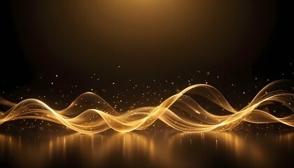 Ondas doradas brillantes de luz y partículas brillantes sobre un fondo oscuro