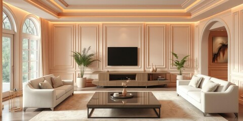 Fototapeta premium Soft peach and cream color combination for a luxurious living room, sofa, cream