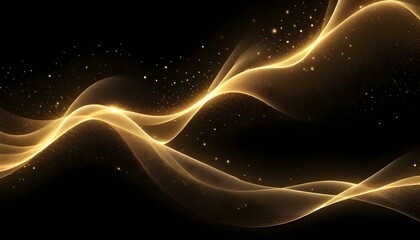 Fototapeta premium Ondas doradas brillantes de luz y partículas brillantes sobre un fondo oscuro