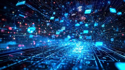 Abstract Digital Space with Data Flow and Technology Icons