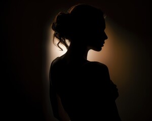 Back Lit Silhouette of Female Person in Shadow on Black Background. Anonymous Avatar Contour Behind the Light