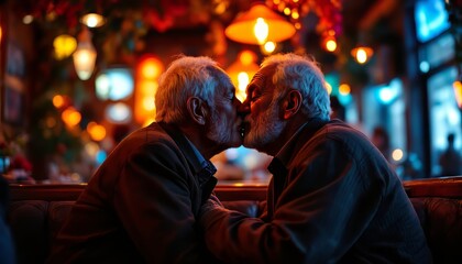 Obraz premium Two elderly men sharing a tender kiss in a warmly lit café setting.