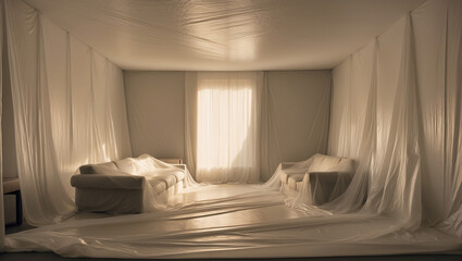 Renovation project showcasing a living room draped in plastic sheeting during preparation for painting and repairs