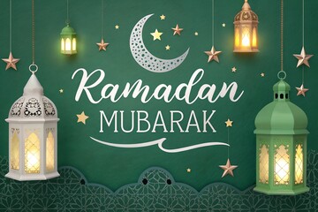 Ramadan Mubarak English calligraphy text on green background with lanterns, moon, star & 3d look