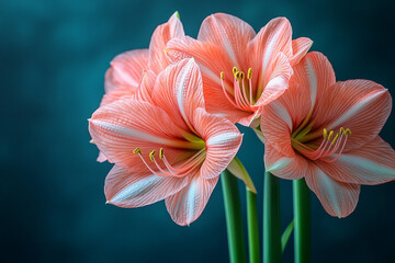 Three peach amaryllis flowers against a dark background