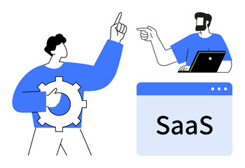Two individuals collaborating on SaaS development, one with a cog and another with a laptop. Ideal for tech industry, software development, teamwork, collaboration, SaaS, innovation, digital