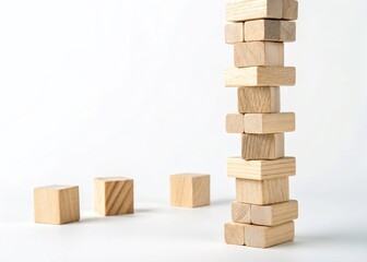 Minimalist Wooden Block Tower Game on White Background - Stock Photo