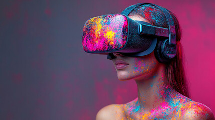 A female shirtless user immersed in augmented reality, wearing a VR headset, blending digital elements with the physical world, exploring innovative gaming and learning opportunities in a minimalistic