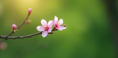 Obraz premium A pale pink blossom blooms on the tip of a slender branch against a green background, pink flowers, nature