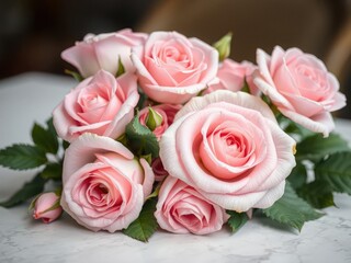 Naklejka premium Pastel pink rose flowers on a table, arrangement, spring flowers