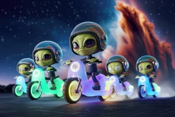 Naklejka premium Cute alien characters riding glowing scooters against a cosmic backdrop.