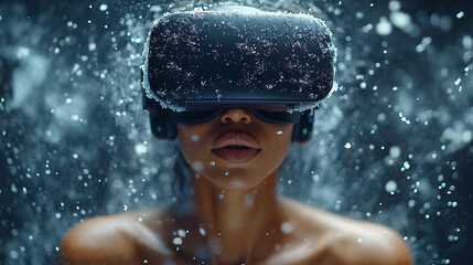 Obraz premium A female shirtless user immersed in augmented reality, wearing a VR headset, blending digital elements with the physical world, exploring innovative gaming and learning opportunities in a minimalistic