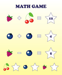 Math game. Puzzle for children. Logical task. Berry theme. Worksheet. Simple levels. Vector illustration EPS10