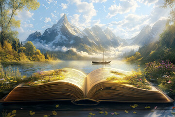 An open book with fantasy landscape coming to life