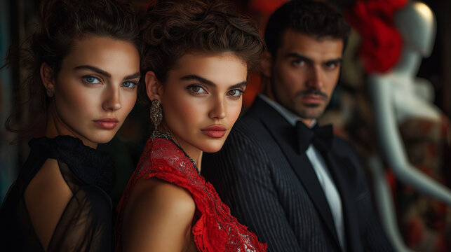 A group of three fashion designers, one man and two women, dressed in chic designer clothing, standing in a stylish studio with blurred mannequins and luxurious fabrics in the background