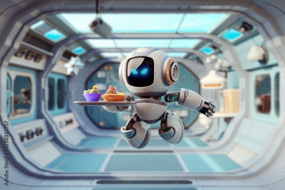 Aufkleber a cute robot waiter serves food on a tray in a futuristic spaceship corridor.