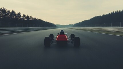Rear view of classic race car speeding down track at dawn.