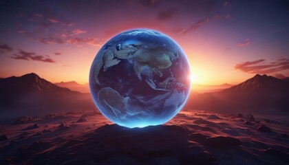 Planet earth with bright blue lights in the sky at sunset, sky, planet earth