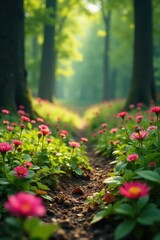 Colorful herbstblumen scattered on a forest floor, rosa, colorful, trees