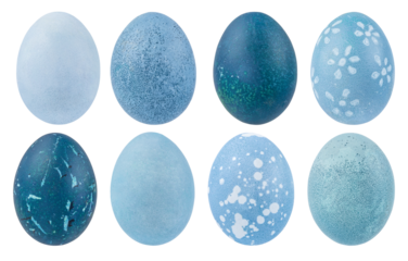 Painted blue egg isolated on white. Happy Easter card