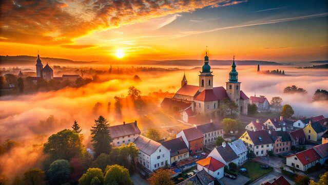 Misty Sunrise Aerial Drone View of Biecz, Poland: Medieval Town Double Exposure