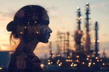 Silhouette of Woman with Digital Overlay Industrial Sunset Background Technology Concept