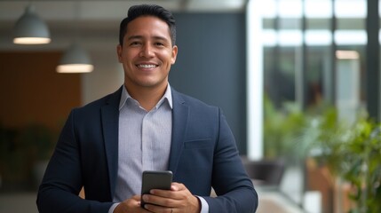 Happy young latin business man holding smartphone standing in office. Smiling hispanic businessman entrepreneur or manager using financial banking apps on cell phone technology device at work. High
