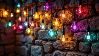 Colorful string lights illuminating a rustic stone wall.