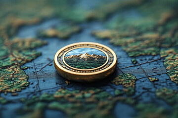 Golden Mountain Landscape Coin on a Detailed Map