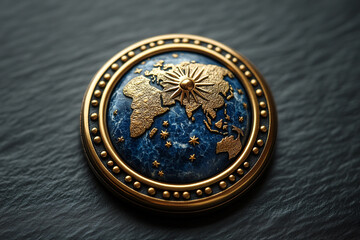 Ornate Gold And Blue Globe Brooch Design